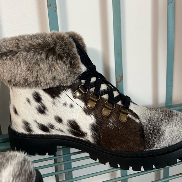 Genuine Cowhide & Leather Bootie Fur combat ankle boot chocolate brown sz 7 new - Picture 2 of 8